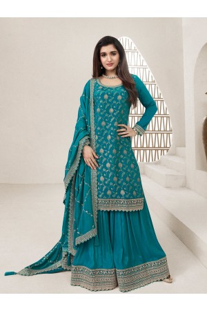 Jacquard chinon sharara suit in Teal colour 66215